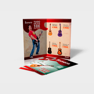 Folders 1 Dobra Couchê 120g 31x44cm aberto - 21x30cm fechado 4x4 UV Total Frente e Verso Corte Reto 